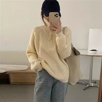 Свитер-пуловер с высоким воротом и полумолнией для женщин на осень и зиму в корейском стиле, свободный и ленивый, мягкий и липкий трикотажный свитер S розовый