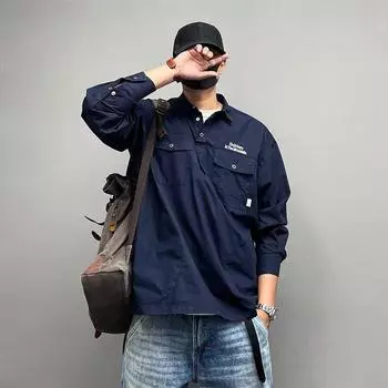 Свитер-пуловер в стиле ретро с вышитыми буквами, рубашка с длинными рукавами, лацканами, множеством карманов, повседневная рубашка, пальто на весну и осень M синий