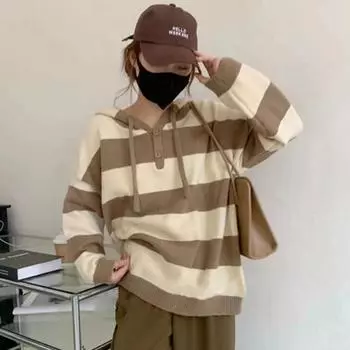 Свитер пуловер женский 2022 осень и зима новый с напуском ветер японский ретро трикотаж с капюшоном в полоску свободный свитер пуловер One Size чёрный