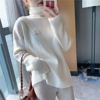 Свитер, пуловер, женский 2023, осень/зима, универсальная верхняя одежда ярких цветов, женский корейский свитер с длинным рукавом и высоким воротником, уменьшающий возраст One Size розовый