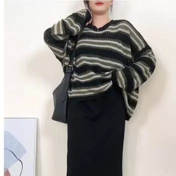 Свитер, пуловер, женский, осень 2023, премиальный контрастный топ в тонкую полоску, свободный пуловер с круглым вырезом, корейское издание, шерстяной трикотаж