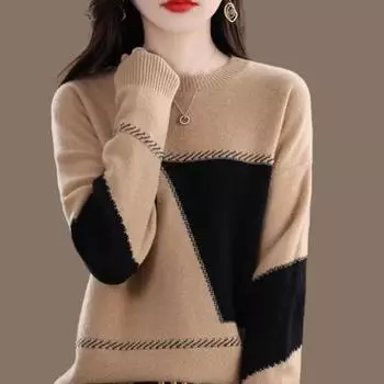 Свитер-пуловер женский, осень-зима 2022, универсальная одежда с круглым вырезом, верхняя одежда с блокировкой цвета, тонкий женский пуловер-свитер