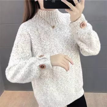Свитер, пуловер, женский, осень-зима 2023, шенилловый норковый флис, свободный вестернизированный вязаный низ с половиной воротника, женский свитер