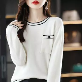 Свитер, пуловер, женский, осенне-зимний, новый, однотонный, с круглым вырезом, модный, из чистой шерсти, с длинными рукавами, вязаный, повседневный, универсальный пуловер, свитер One Size чёрный