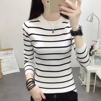 Свитер, пуловер, женский осенне-зимний внутренний свитер с отложным низом, женский свитер с длинным рукавом и круглым вырезом, женский вязаный свитер One Size чёрный