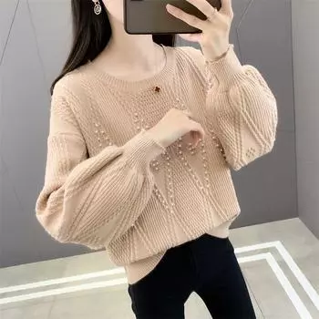 Свитер, пуловер, женский, осенне-зимний, женский, с бисером, вязаный, с круглым вырезом, с длинным рукавом, милый и милый, свободный пуловер с подкладкой, женский