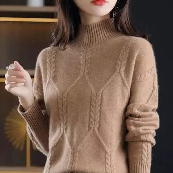 Свитер, пуловер, женский, с половиной высоким воротником, осенне-зимний новый однотонный свободный однотонный корейский вязаный свитер с длинными рукавами, женский