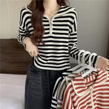 Свитер Пуловер Женский Весна и Осень Нижнее Белье Молния Полосатый Подкладка Короткий Стиль Популярные Премиум Свитера Женские Топы one size