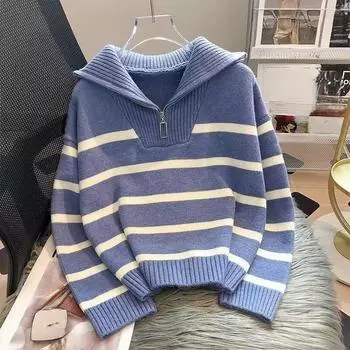 Свитер, пуловер, женский весенне-осенний комплект нижнего белья в полоску на молнии, короткий стильный популярный женский свитер премиум-класса one size синий