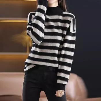 Свитер, пуловер, женский, весенне-осенний, шерстяной, с половиной высоким воротником, повседневный, универсальный, свободный, с длинными рукавами, вязаный свитер, женский One Size чёрный