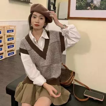 Свитер, пуловер, женский весенне-осенний вязаный топ в полоску в стиле ретро, свободный свитер без рукавов, женский жилет, пуловер, женский One Size чёрный