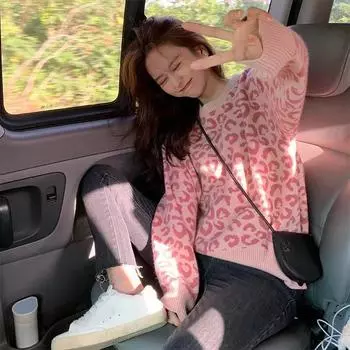 Свитер, пуловер, женский, весна-осень 2023, свободный топ с круглым вырезом, корейский трикотаж с леопардовым узором, женский пуловер с ленивым ветром, свитер One Size розовый