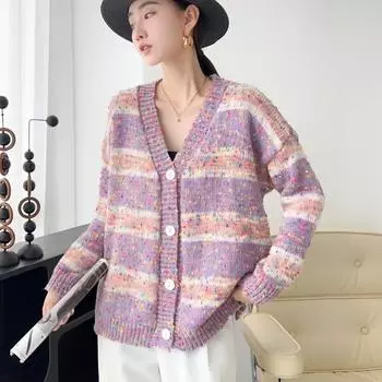 Свитер разноцветный вязаный кардиган в горошек и контрастную полоску, женский осенне-зимний универсальный свитер, кардиган, женский топ