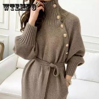 Свитер, роскошный дизайн, осенне-зимний свитер, длинное вязаное платье в рубчик, с длинным рукавом, элегантный женский свитер в корейском стиле с поясом XXXL бежевый