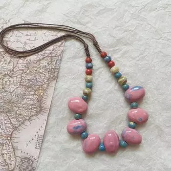 Свитер ручной работы в этническом стиле с цепочкой из бисера, аксессуары для туристической одежды, керамическое длинное регулируемое ожерелье 51-60cm розовый