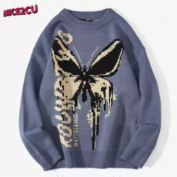 Свитер с бабочкой, хип-хоп, трикотаж, мужские свитера в стиле Харадзюку, мужские свободные топы, повседневная уличная одежда, пуловеры, свитера M чёрный
