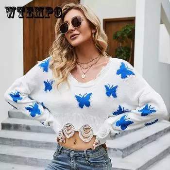 Свитер с бабочкой, вязаный топ с открытыми плечами, рваный короткий корейский короткий свитер в ленивом стиле, женский, летний и осенний S белый