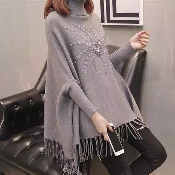 Свитер с бахромой и рукавами «летучая мышь», осенний новый плащ с высоким воротником, шаль, свободный тонкий свитер для женщин