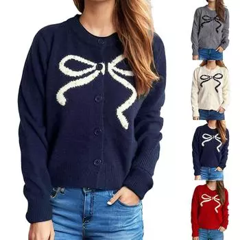 Свитер с бантом для женщин, милый свитер с открытым спереди и пуговицами, кардиганы, вязаная верхняя одежда осень-зима One Size