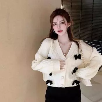 Свитер с бантом и жареным тестом, женский весенний кардиган с v-образным вырезом, свободный дизайн, вязаный кардиган с длинными рукавами, пальто, женский топ