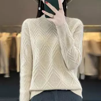 Свитер с бриллиантами, жаккардовый трикотаж, женский однотонный свитер с круглым вырезом и длинными рукавами, женский свободный пуловер, вязаный свитер, пуловер