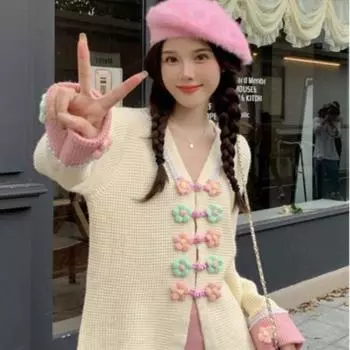 Свитер с цветочной пряжкой, куртка, дизайн, ниша, женский весенне-осенний свободный нежный и мягкий клейкий свитер, женский кардиган One Size синий