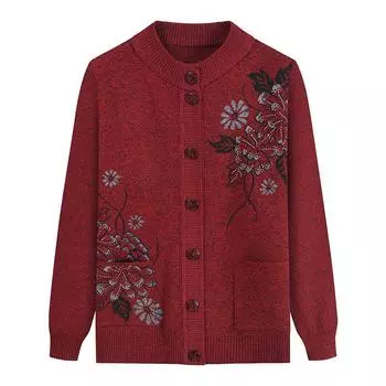 Свитер с длинными рукавами и принтом для пожилых мам среднего возраста, весна-осень, женская вязаная нижняя рубашка, бабушкин кардиган ONE SIZE армия зеленый