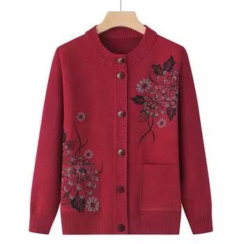 Свитер с длинными рукавами и принтом для пожилых мам среднего возраста, весна-осень, женская вязаная нижняя рубашка, бабушкин кардиган XXXXL серый