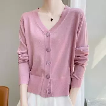 Свитер с длинными рукавами, короткое пальто, свитер, универсальный, яркий, шелковый, весенне-осенний стиль, топ с v-образным вырезом, тонкий свободный вязаный кардиган для женщин M фиолетовый