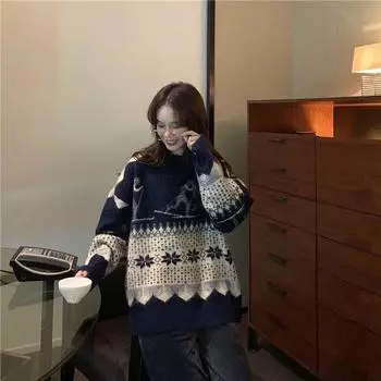 Свитер с длинными рукавами, шикарный рождественский вязаный пуловер с круглым вырезом, женский зимний теплый свитер в стиле ретро, милый свитер большого размера S синий