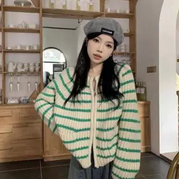 Свитер с двойной молнией, полосатый кардиган с круглым вырезом, мягкое клеевое пальто, свободный осенне-зимний кардиган, свитер, женский топ One Size зелёный