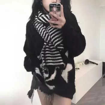 Свитер с готикой и черепами Гранж Темная эстетика Вязаный джемпер V-образный вырез Harajuku Свободный мохеровый пуловер Эмо Альтернативный трикотаж Y2k S чёрный