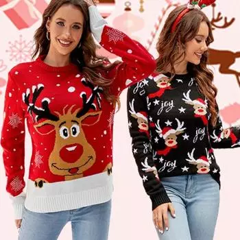 Свитер с изображением рождественской елки в виде лося, праздничные женские вязаные свитера, уютные модели с длинным рукавом и круглым вырезом, с изображением рождественской елки в виде оленя для осени и зимы S белый/чёрный