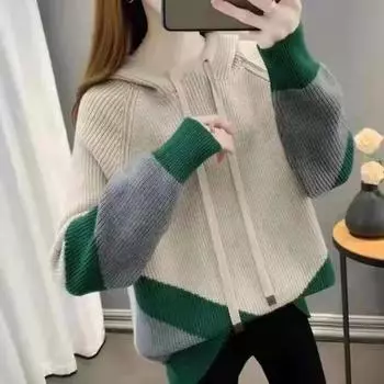 Свитер с капюшоном, цветной контрастный свитер, женский свободный корейский осенне-зимний свитер, 2022, повседневный свитер с длинными рукавами, топ One Size оранжевый