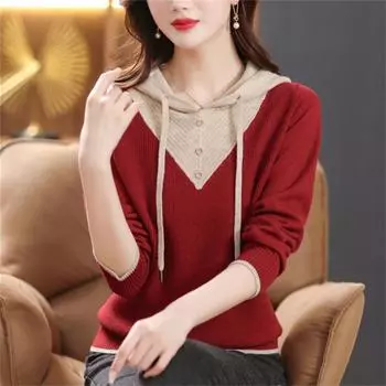 Свитер с капюшоном для мамы среднего возраста, женский, осень-зима, искусственный, из двух частей, с длинным рукавом One Size(45-65kg) красный