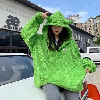 Свитер с капюшоном и зерном хлеба, женская одежда, корейское осеннее и зимнее пальто на молнии с длинными рукавами, модная женская одежда XXL чёрный