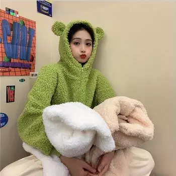 Свитер с капюшоном из ягненка, женская зимняя одежда, корейский стиль, свободное платье, короткое пальто One Size белый