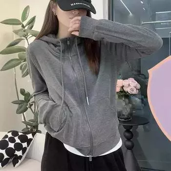 Свитер с капюшоном, куртка женская, простая, свободная, повседневная, универсальная, с длинными рукавами, серый, короткий, ленивый топ M(80-110) серый