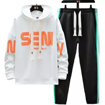 Свитер с капюшоном, мужская однотонная одежда для мальчиков, красивый костюм, повседневный комплект из двух предметов M белый