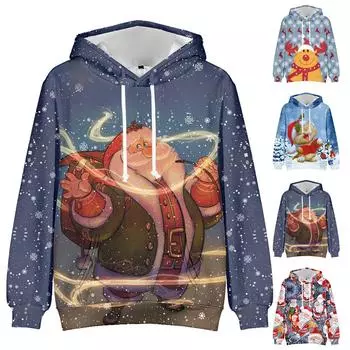 Свитер с капюшоном с рождественским принтом и длинными рукавами для мужчин и женщин весной и осенью L синий