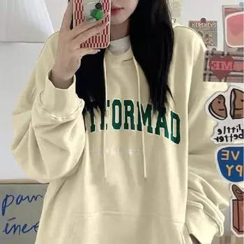 Свитер с капюшоном, женская осенне-зимняя новая свободная студенческая куртка с буквенным принтом, топ с длинными рукавами M
