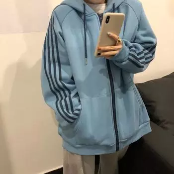 Свитер с капюшоном, женский осенне-зимний корейский вариант свободного повседневного спортивного свитера, однотонная удобная куртка с длинными рукавами M синий