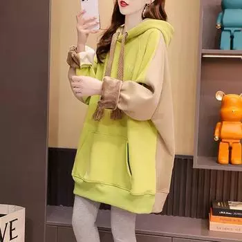 Свитер с капюшоном, женский осенне-зимний утепленный свободный повседневный топ с длинными рукавами и большими карманами, удобный свитер M зелёный