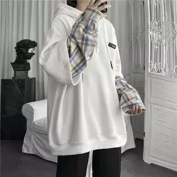 Свитер с капюшоном, женский осенний большой размер, искусственная двойка, однотонная клетчатая повседневная куртка, топы S белый