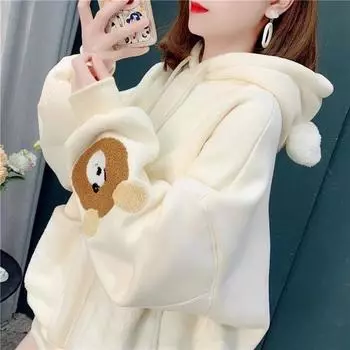 Свитер с капюшоном, женский осенний медведь, топы с длинными рукавами, свободная стеганая куртка большого размера, удобный повседневный мягкий пуловер, свитер M белый