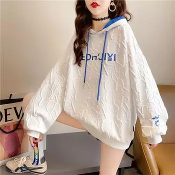 Свитер с капюшоном, женский осенний свободный повседневный пиджак большого размера с вышивкой букв, топы с длинными рукавами M белый