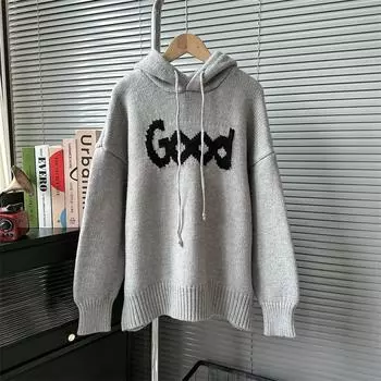 Свитер с капюшоном, женский повседневный свитер, пальто, свободный вязаный топ One size серый