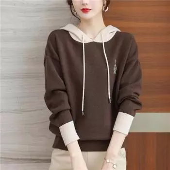 Свитер с капюшоном, женский трикотаж, пуловер, осень 2023, женский свитер с длинным рукавом, повседневный свободный свитер с капюшоном, пуловер, женские топы One Size зелёный