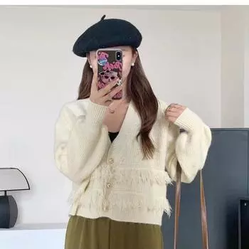 Свитер с кисточками и v-образным вырезом Design Sense, кардиган, женское пальто, осень-зима 2023, короткая свободная верхняя одежда, кардиган, женский свитер