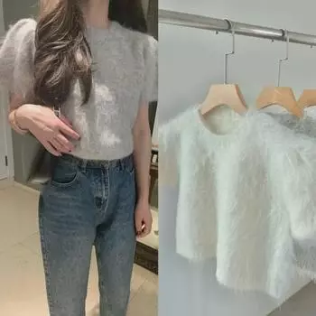 Свитер с короткими рукавами из розовой альпаки в стиле Чжао Луси - корейская коллекция осень/зима 2024 г. Medium белый